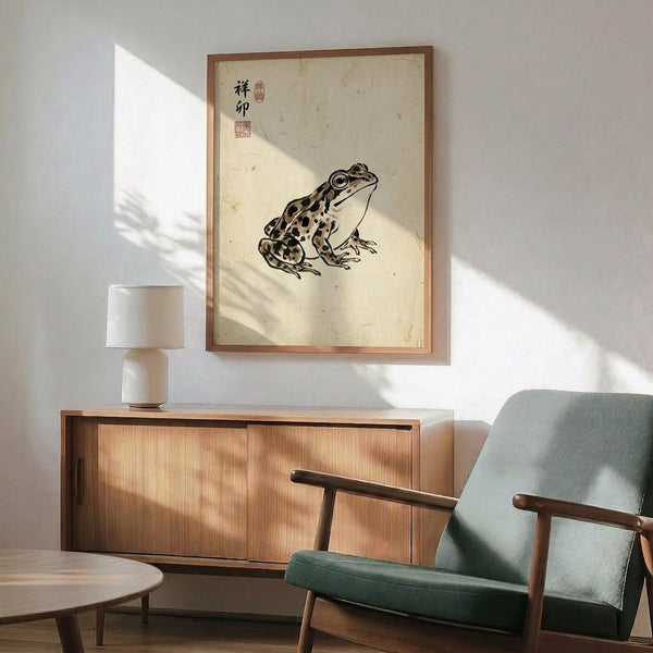 May include: Framed vintage-style frog artwork hanging on white wall above wooden sideboard with table lamp, next to mid-century modern teal upholstered armchair. The print features a spotted brown and black frog on aged cream paper with Asian calligraphy and red seal stamps in upper left corner. Natural sunlight creates dramatic shadows across the minimal, warm-toned interior scene.
