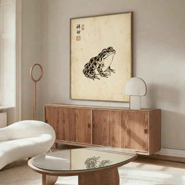 May include: Framed vintage-style poster featuring a spotted frog illustration with Japanese calligraphy characters and red stamps on aged cream paper, displayed above a mid-century modern walnut credenza with sliding doors. White curved chair and glass-top oval coffee table in foreground, with modern table lamp and floor lamp completing the minimalist room setting.