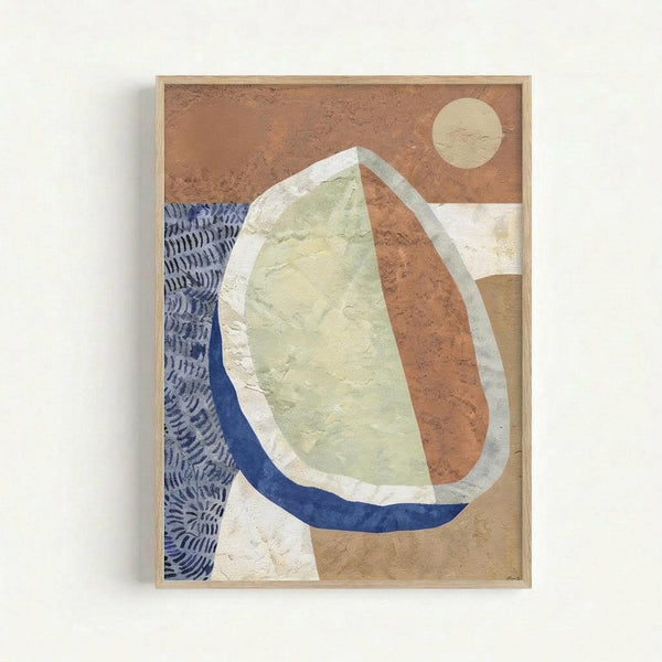 Abstract artwork in light wood frame featuring organic curved shapes in terracotta, sage green, and navy blue with textured brushstrokes. A cream circle sits in the upper right corner against earthy tones. The left side shows a patterned blue section with repetitive marks, while layered geometric forms create depth through overlapping translucent colors and varied textures throughout the composition.