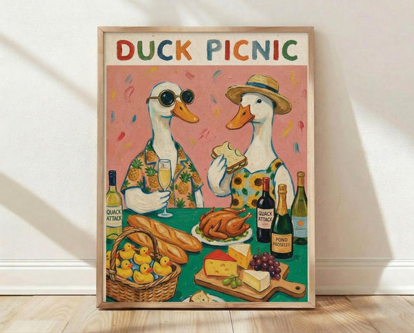 May include: Framed poster print leaning against white wall on light wood floor. Shows two anthropomorphic ducks in colorful Hawaiian shirts and hats at picnic table with wine bottles, cheese, bread basket with rubber ducklings, and roasted chicken. Pink confetti background with "DUCK PICNIC" in multicolored letters at top. Light wood frame, approximately 16x20 inches.