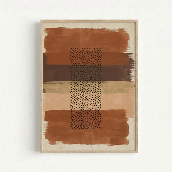 Abstract artwork featuring horizontal brushstrokes in warm terracotta, ochre, brown, and beige tones with a central vertical column of small black polka dots creating a stippled pattern. The piece has an earthy, organic feel with painterly textures and is displayed in a light wooden frame against a white wall.