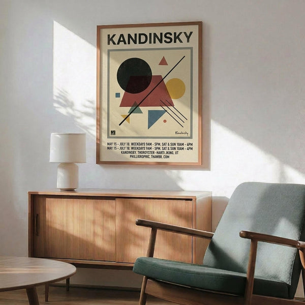 May include: Framed Kandinsky abstract art poster with geometric shapes in red, black, yellow, and blue, displayed above mid-century modern wood credenza with white ceramic lamp. Mint green upholstered armchair with wooden frame sits nearby on light wood floors. Bright natural light creates dramatic shadows on white wall, showcasing the vintage exhibition poster's bold triangles, circles, and lines in warm wooden frame.