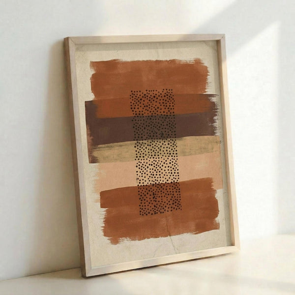 May include: Framed abstract art print leaning against white wall, featuring horizontal brushstrokes in warm terracotta, brown, beige, and peach tones with vertical column of small black dots running through center, displayed in light wood frame on neutral surface