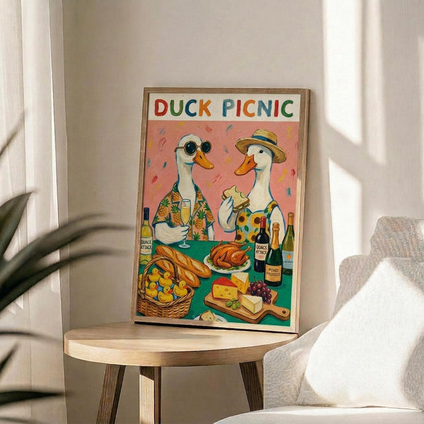 May include: Framed poster showing two cartoon ducks having a picnic, with colorful "DUCK PICNIC" text at top. One duck wears sunglasses and tropical shirt, the other wears a hat. Scene includes wine bottles, cheese board, bread basket with rubber ducks, against pink confetti background. Wood frame sits on round wooden side table next to beige upholstered chair, with plant shadows visible on white wall.