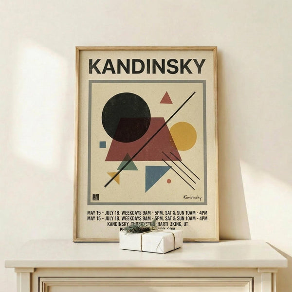 May include: Framed Kandinsky-style abstract geometric poster featuring black circle, red triangles, yellow circle, blue square, and diagonal black lines on cream background. Wooden frame displayed on light wood shelf next to small wrapped gift with twine. Clean white wall background.