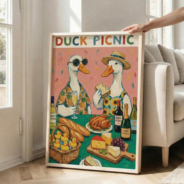 May include: Framed poster artwork featuring two anthropomorphic white ducks at a picnic table with colorful food and drinks. One duck wears sunglasses and a tropical pineapple shirt, the other sports a straw hat and floral shirt. The scene includes wine bottles, cheese, bread, grapes, and a basket of rubber ducklings against a coral pink background with confetti. Hand holds the light wood frame in a bright living room with beige furniture and large windows.