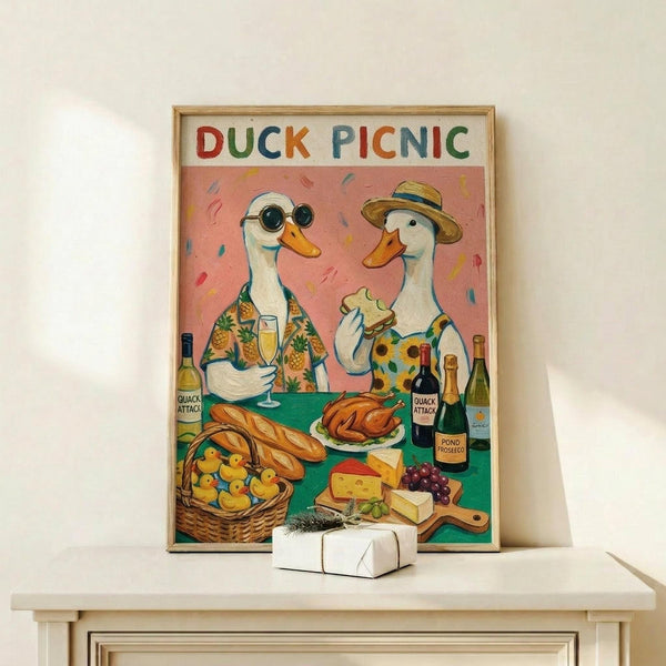 May include: Framed poster print leaning against white wall on light wooden shelf, featuring two cartoon ducks in colorful shirts at picnic table with wine bottles, cheese, bread, and basket of rubber duckies. Pink confetti background, "DUCK PICNIC" title in rainbow letters. Small white wrapped gift sits in front of natural wood frame.