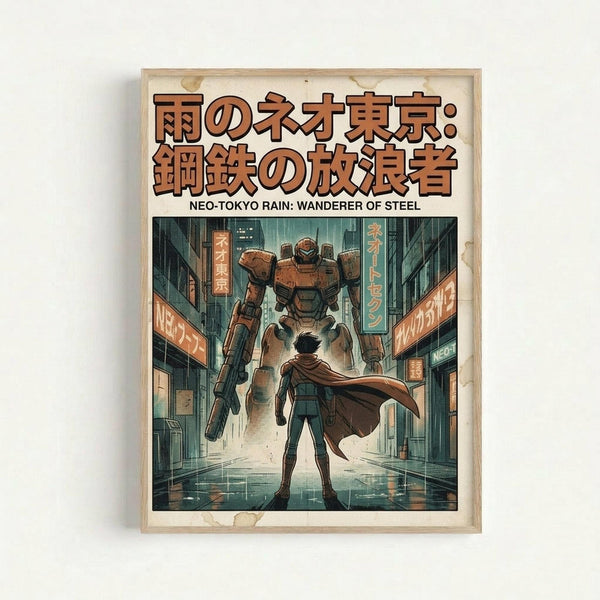 Framed poster print displayed on white wall showing anime-style illustration of person in flowing cape facing giant mech robot in rainy Neo-Tokyo street. Scene features neon signs, tall buildings, wet pavement reflections. Japanese text at top with English subtitle "Neo-Tokyo Rain: Wanderer of Steel." Artwork has cyberpunk aesthetic with teal and orange color palette, housed in light wood frame with aged paper texture.