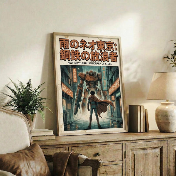 May include: Framed anime-style poster displayed on rustic wooden console with books, ceramic vase, and fern plant. Artwork shows cyberpunk scene with large mech robot and small human figure walking through neon-lit futuristic city street. Japanese text at top in orange lettering, English subtitle below. Warm natural lighting illuminates cream-colored room with beige armchair visible in corner.