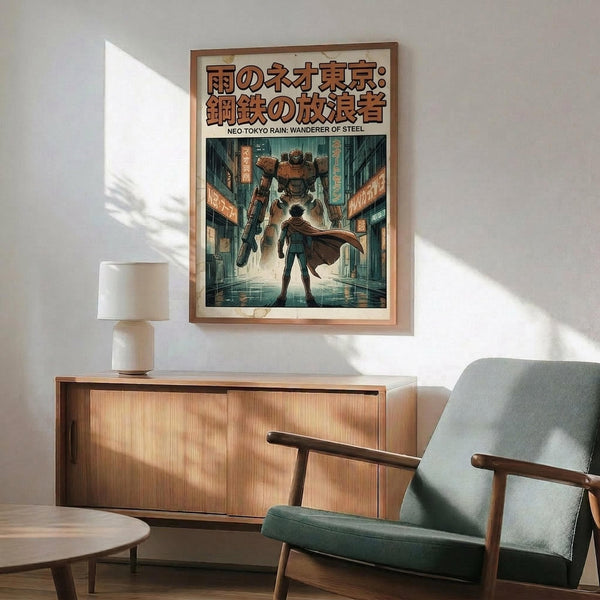 May include: Framed anime-style poster showing a figure in flowing cape facing a large mech robot in a rainy futuristic alley with Japanese text, displayed above mid-century modern walnut credenza with white ceramic lamp, next to teal upholstered armchair with wooden arms in bright living room with white walls and natural lighting.