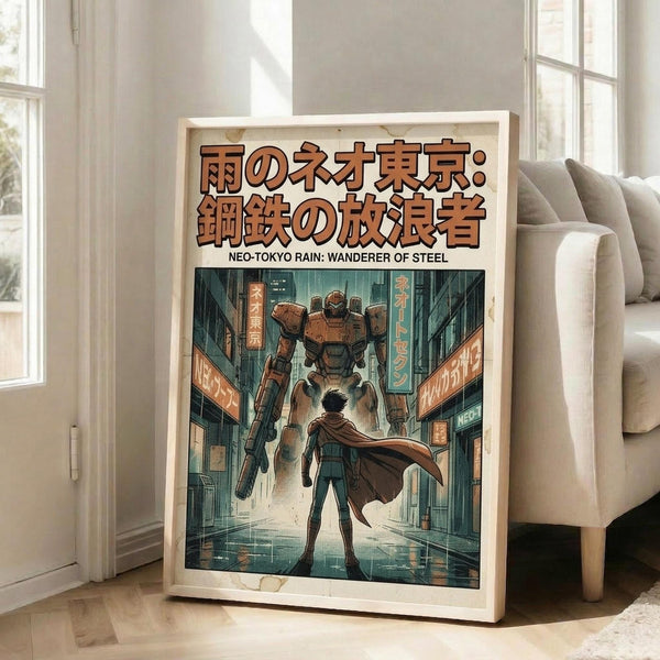 May include: Framed poster print leaning against white wall next to beige upholstered chair in bright modern living room. Artwork shows anime-style scene with small caped figure facing giant orange mech robot on rainy futuristic Tokyo street lined with glowing neon signs and tall buildings. Japanese text at top with English subtitle below. Teal and orange color palette with weathered vintage poster aesthetic in light wooden frame.