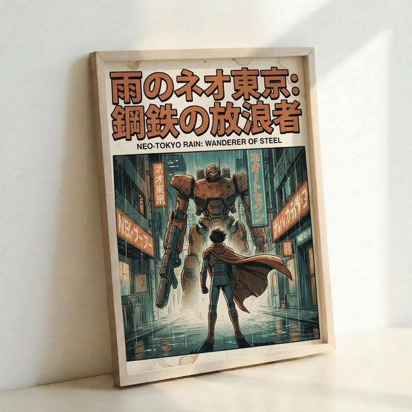 May include: Framed poster print leaning against white wall showing cyberpunk anime-style artwork. Features figure in brown coat facing giant mech robot on rainy neon-lit street with Japanese signage. Orange and teal color palette with futuristic Neo-Tokyo cityscape. Light wood frame, vertical orientation, displayed on white surface with soft natural lighting casting shadows.