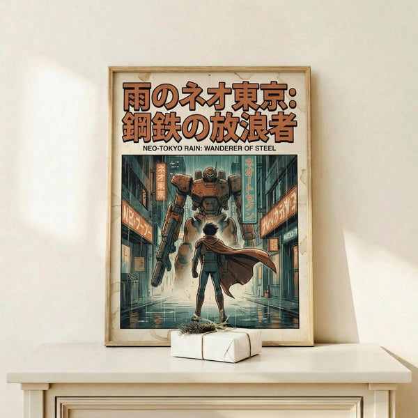 May include: Framed poster displayed on light wooden shelf against white wall. Artwork shows anime-style scene with caped figure facing giant mech robot in rainy cyberpunk city street with neon signs. Japanese text at top with English subtitle. Warm wood frame, small white wrapped gift box on shelf below. Soft natural lighting creates gentle shadows on cream-colored wall.