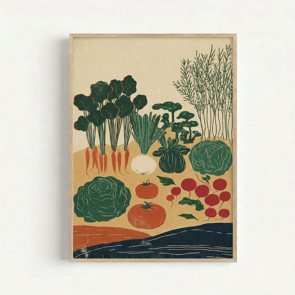 Framed botanical illustration print featuring various vegetables including leafy greens with orange carrots, white onion, dark green cabbages, red tomatoes and radishes, and tall wispy herbs, arranged on a cream background with orange and navy blue brushstroke elements at the bottom, displayed in a light wood frame against a white wall