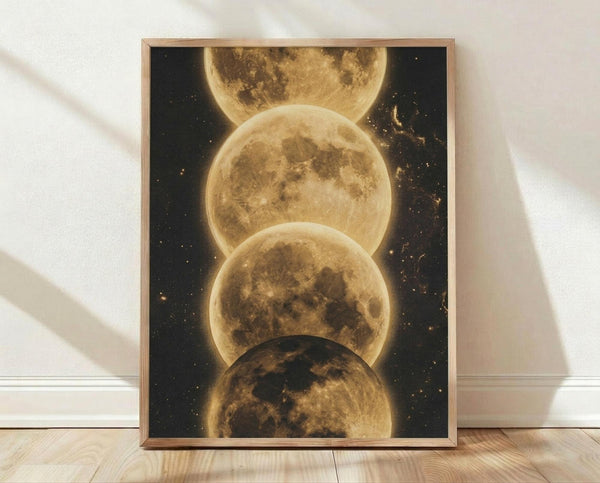 May include: Framed poster print displaying four golden moons in vertical alignment against a starry black space background. The moons show detailed surface textures and crater patterns, glowing with warm golden light. Print sits in a light wood frame on wooden flooring against a white wall with natural sunlight shadows cast across the scene.