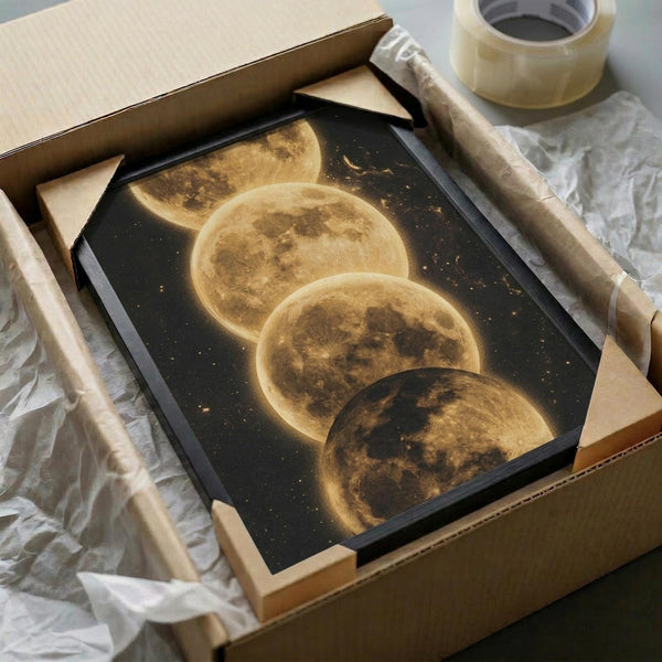 May include: Framed astronomical artwork showing four overlapping golden moon phases against a dark starry background, carefully packed in brown cardboard shipping box with protective tissue paper and clear tape roll visible nearby on white surface.