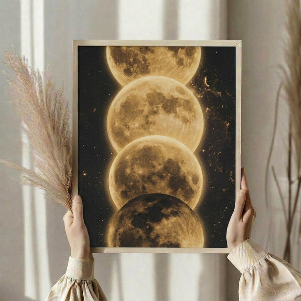 May include: Person holding framed celestial artwork showing four overlapping golden moons against dark starry sky background, displayed in light wooden frame. Dried pampas grass visible to left side. Person wearing cream-colored ruffled sleeve top in bright, neutral-toned room with white curtains.