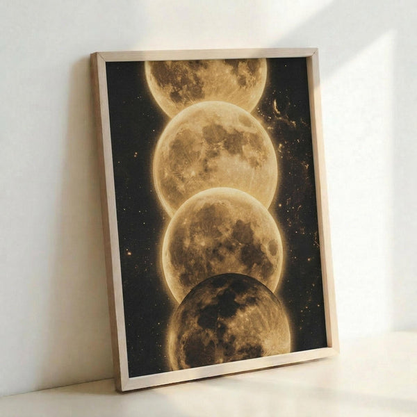 May include: Framed poster print leaning against white wall showing four overlapping golden moons in vertical alignment against starry black space background. Light wooden frame surrounds the celestial artwork with warm yellow and amber tones throughout the lunar surfaces and ethereal glow effects.
