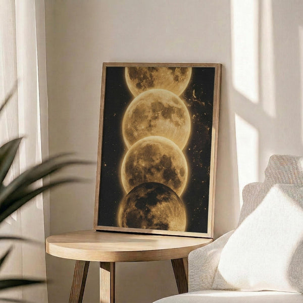 May include: Framed poster displaying four overlapping golden moon phases in vertical alignment against dark starry sky background, shown in thin gold frame on round wooden side table next to beige upholstered chair with white throw pillow, green plant leaves visible, soft natural lighting creating shadows on white wall