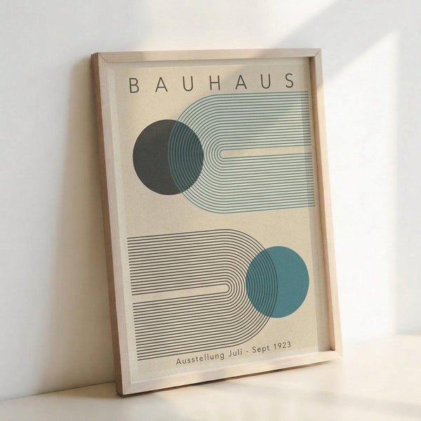 May include: Framed minimalist poster with cream background featuring two abstract geometric designs with concentric curved lines. Top design has dark green circle with sage green lines, bottom has teal circle with black lines. Text reads "BAUHAUS" at top and "Ausstellung Juli - Sept 1923" at bottom. Light wood frame leaning against white wall.