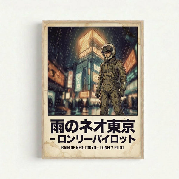 A cyberpunk poster in a light wooden frame showing a helmeted pilot in tactical gear standing in heavy rain. Behind him looms a tall, illuminated building with warm orange and teal lighting against a dark stormy sky. The artwork has a retro anime aesthetic with detailed linework and atmospheric lighting. Japanese text appears at the bottom along with English translation "Rain of Neo-Tokyo - Lonely Pilot" on aged, weathered paper background.