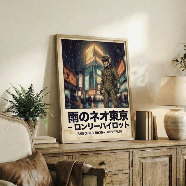 May include: Framed poster displaying a figure in military gear standing in heavy rain before a glowing futuristic tower structure. The artwork features dark stormy skies with dramatic lighting in orange and teal tones. Japanese text appears below the image on a white background. The wooden-framed print sits on a rustic console table alongside books, a ceramic vase, and small plant in a cozy living room setting with neutral walls and brown leather furniture.