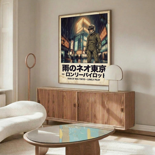 May include: Framed poster featuring a figure in military gear standing in rain against neon-lit urban buildings, with Japanese text below the artwork. Displayed above a walnut wood credenza with sliding doors in a modern living room with white upholstered chair, oval glass coffee table, and floor lamp. Warm lighting creates shadows on light gray walls.