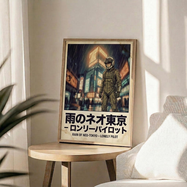 May include: Framed poster displaying a futuristic astronaut figure standing in a rainy cyberpunk cityscape with neon-lit buildings and dramatic lighting. Japanese text appears below the artwork with English translation. The wooden-framed print sits on a round wooden side table next to a beige upholstered chair, with a potted plant visible in soft natural lighting from nearby windows.