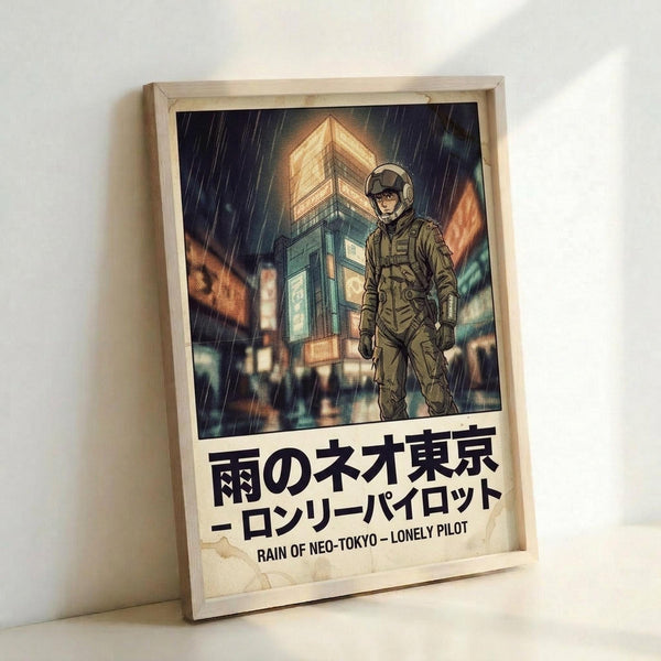 May include: Framed poster print leaning against white wall showing a soldier in tactical gear and helmet standing in rain on a neon-lit Neo-Tokyo street. The artwork features a cyberpunk aesthetic with glowing building signs, wet pavement reflections, and a moody blue-orange color palette. Japanese text appears below the illustration along with English translation. Light wooden frame surrounds the print, creating shadows on the wall.