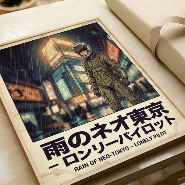 A vintage-style poster featuring a lone figure in military gear and helmet standing in heavy rain against a cyberpunk cityscape backdrop with neon-lit buildings. The artwork has a comic book aesthetic with muted green, blue and orange tones. Japanese text appears at the bottom along with English subtitle "Rain of Neo-Tokyo - Lonely Pilot". The poster lies flat on white paper with rolled sheets visible in the background, showing weathered edges and halftone printing texture.