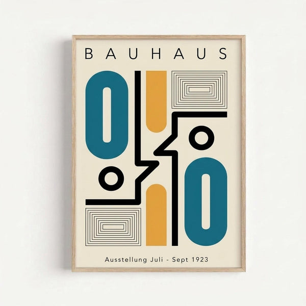 Framed modernist poster with geometric shapes in teal blue, mustard yellow, and black on cream background. Features abstract circular, rectangular and linear forms with concentric square patterns. Text reads "BAUHAUS" at top and "Ausstellung Juli - Sept 1923" at bottom. Light wood frame against white wall.