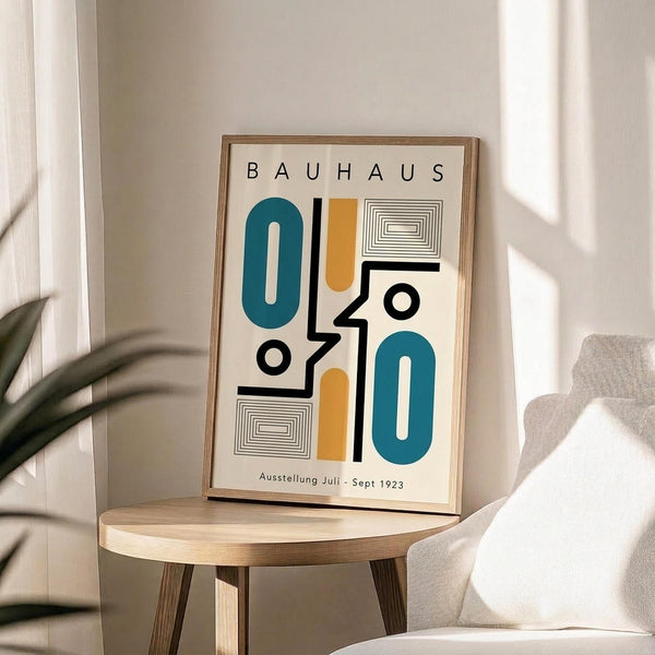 May include: Framed Bauhaus-style poster with geometric shapes in teal, orange, black and white displayed on wooden round stool next to beige upholstered chair. Abstract design features oval forms, rectangles, circles and linear patterns. Natural lighting creates soft shadows on white wall with plant leaves visible in corner of minimalist room setting.