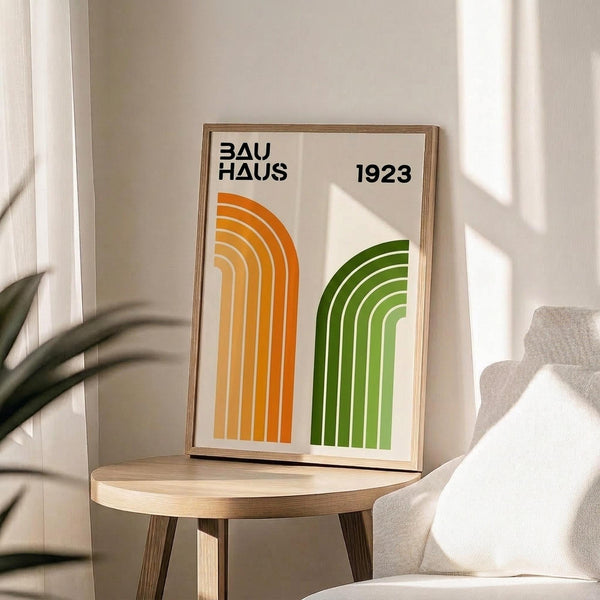 May include: Framed poster with cream background featuring orange and green geometric arches made of concentric curved lines, displayed on light wood round side table next to beige upholstered chair. Natural sunlight creates soft shadows on white wall behind. Green plant leaves visible in corner. Modern minimalist interior styling with neutral tones.