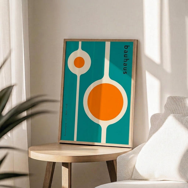 May include: Modernist poster with turquoise background featuring white geometric shapes - a large circle and smaller elongated oval, both filled with bright orange centers. Black "bauhaus" text appears vertically on the right side. The framed artwork sits on a round wooden side table next to a beige upholstered chair, with natural sunlight casting shadows and a plant visible in the corner of the minimalist room setting.