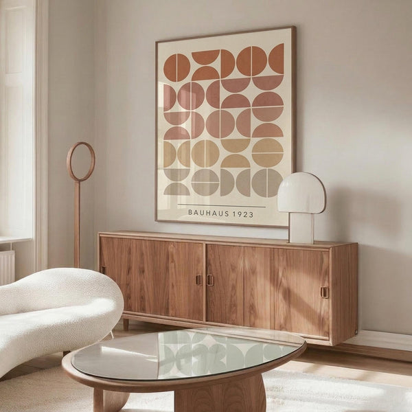May include: Framed geometric poster with terracotta, beige, and cream circles and semicircles arranged in a grid pattern, displayed on wooden sideboard in modern living room with white chair, glass coffee table, and floor lamp