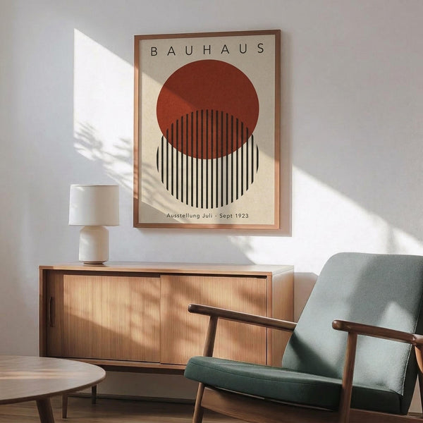 May include: Framed Bauhaus exhibition poster with rust red circle overlapping black and white striped circle on cream background, displayed above mid-century modern wooden credenza with white ceramic lamp, beside sage green upholstered armchair with wooden frame, natural lighting casting geometric shadows across white wall.