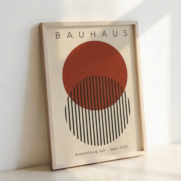 Framed poster featuring Bauhaus-inspired geometric design with overlapping circles in rust red and black and white vertical stripes on cream background, displayed against white wall in natural lighting