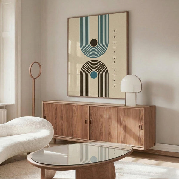 May include: Framed geometric poster with blue and brown arched shapes on cream background, displayed above walnut credenza in modern living room. White curved chair and glass coffee table visible. Warm natural lighting creates shadows on white walls.