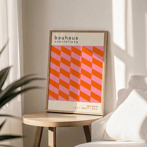May include: Framed Bauhaus exhibition poster with geometric pink and orange cube pattern displayed on round wooden side table next to beige upholstered chair. Sunlight streams across white wall creating soft shadows. Green plant leaves visible in corner. Poster features minimalist typography and isometric design in warm tones within thin wooden frame.