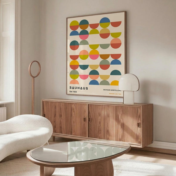 May include: Framed Bauhaus poster with colorful geometric half-circles in rows, displayed above a mid-century modern wood credenza in minimalist living room. White upholstered chair, glass coffee table, and floor lamp visible. Poster features vibrant blues, oranges, greens, and yellows in systematic pattern against cream background.