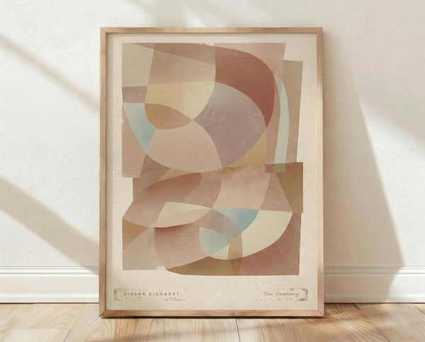 May include: Framed abstract art print with overlapping geometric circles and curved shapes in warm earth tones including terracotta, sage green, cream, and soft browns. The minimalist composition features translucent layered forms creating depth and movement. Displayed in light wood frame against white textured wall on wooden floor with natural sunlight casting diagonal shadows across the scene.