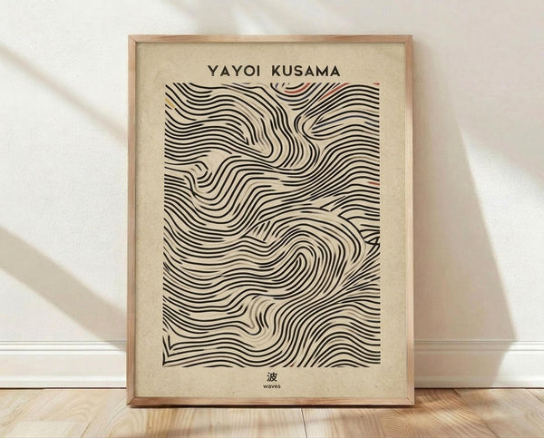 May include: Framed art print with flowing black wavy lines creating an abstract rippling pattern on cream background, displayed in light wooden frame against white wall on wooden floor with natural shadows
