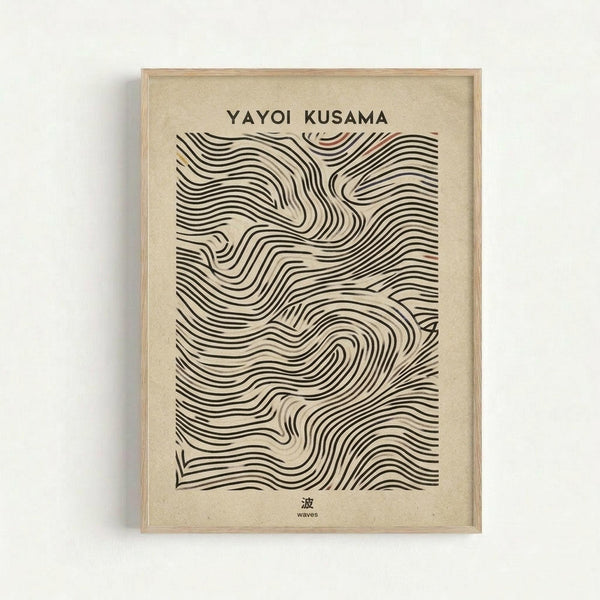 Framed abstract line art print featuring flowing wavy parallel lines in black ink on cream background, inspired by Yayoi Kusama's style. The undulating lines create organic wave-like patterns across the composition. Text at top reads "YAYOI KUSAMA" and bottom shows Japanese character with "waves" translation. Displayed in light wood frame against white wall background.