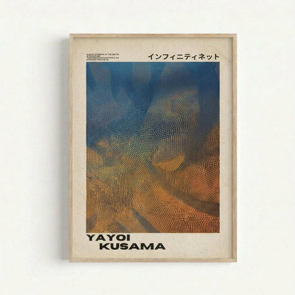 May include: Framed art print hanging on white wall showing abstract dotted pattern in blue and orange tones. Japanese text appears at top, artist name at bottom. Natural wood frame with white matting. Artwork features flowing, wave-like forms created with small dots transitioning from deep blue at top to warm orange below.