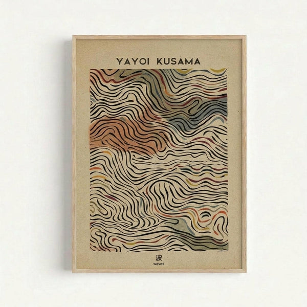 Framed art print featuring flowing, wavy lines in earthy tones of beige, brown, orange, and muted greens. The abstract pattern resembles topographical maps or organic textures with undulating curves throughout. Text reads "YAYOI KUSAMA" at top and Japanese character with "waves" at bottom. Light wood frame against white wall background.