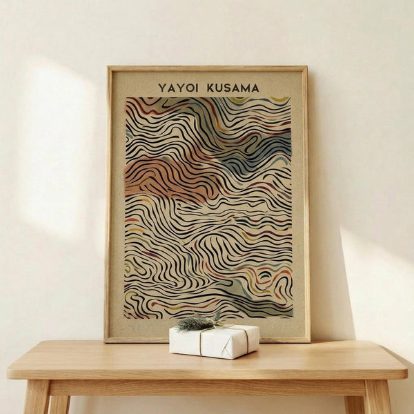 May include: Framed art print with wavy, flowing lines in earth tones of brown, beige, and muted colors displayed on a light wood table against a white wall. A small white wrapped gift with greenery sits beside the wooden frame. The artwork features organic, swirling patterns reminiscent of topographical maps or natural formations.
