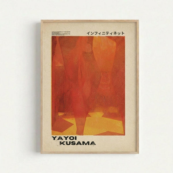 Framed art poster with orange and red gradient background featuring dotted halftone pattern texture. Yellow geometric shapes appear at bottom creating abstract composition. Japanese text appears at top with artist name "YAYOI KUSAMA" in bold black letters below the artwork. Light wood frame with cream matting displayed on white wall.