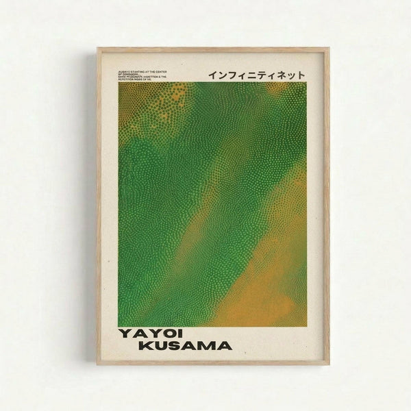 Framed art print featuring Yayoi Kusama's signature infinity net pattern in vibrant green and yellow gradient colors with small white dots creating flowing, organic shapes. The poster includes Japanese text at the top and "YAYOI KUSAMA" in bold black letters at the bottom. Displayed in a light wood frame against a white wall, showing the full artwork with cream-colored matting around the colorful dotted design.