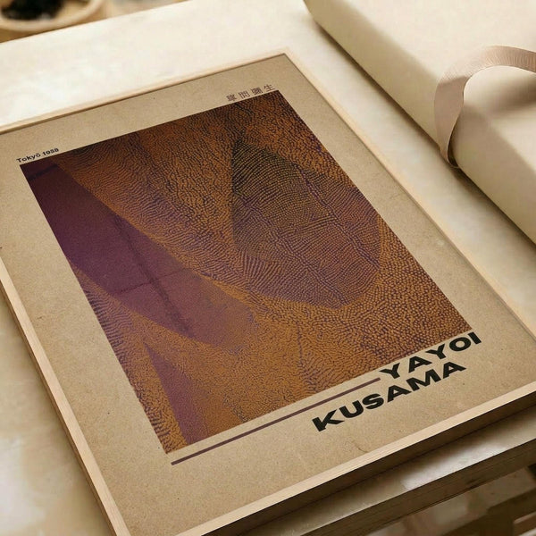 Vintage-style exhibition poster featuring abstract dotted artwork in warm brown and orange tones with purple accents, displayed in an open art book or portfolio against cream-colored paper, with soft natural lighting creating gentle shadows