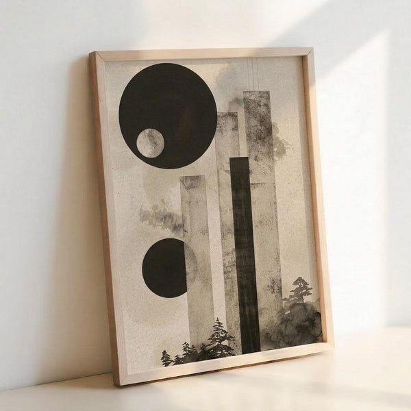 May include: Framed abstract art print leaning against white wall, featuring geometric black circles and vertical rectangular strips in muted earth tones, with silhouetted evergreen trees at bottom, displayed in light wood frame on neutral surface with soft natural lighting